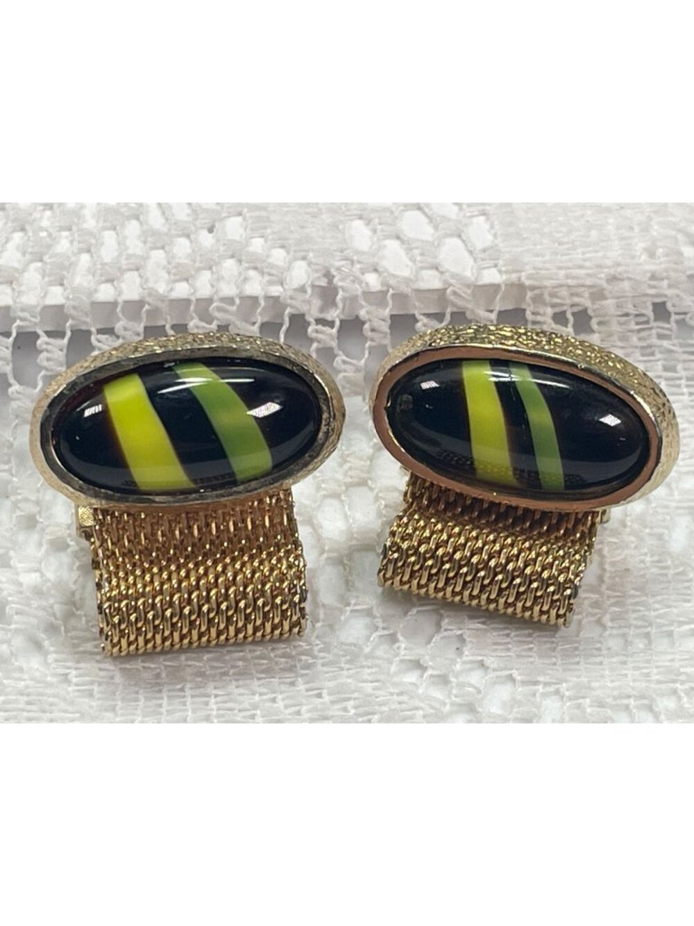 Vintage HICKOK Gold Mesh Wrap Cufflinks Black Green Atomic Glass Cabochon MCM